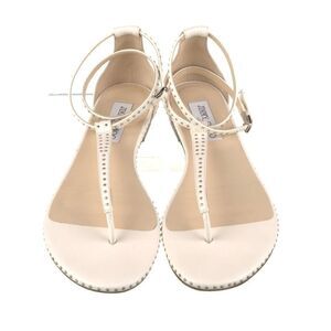 Jimmy Choo Afia Studded Ankle Strap White Leather Flat Sandal Sz-41/11